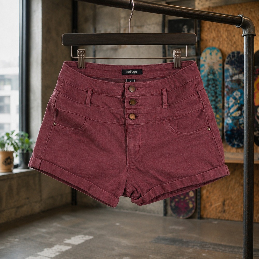 Refuge High Waist Button Fly Burgundy Denim Shorts Size 6 Wine Red Cuffed Hem